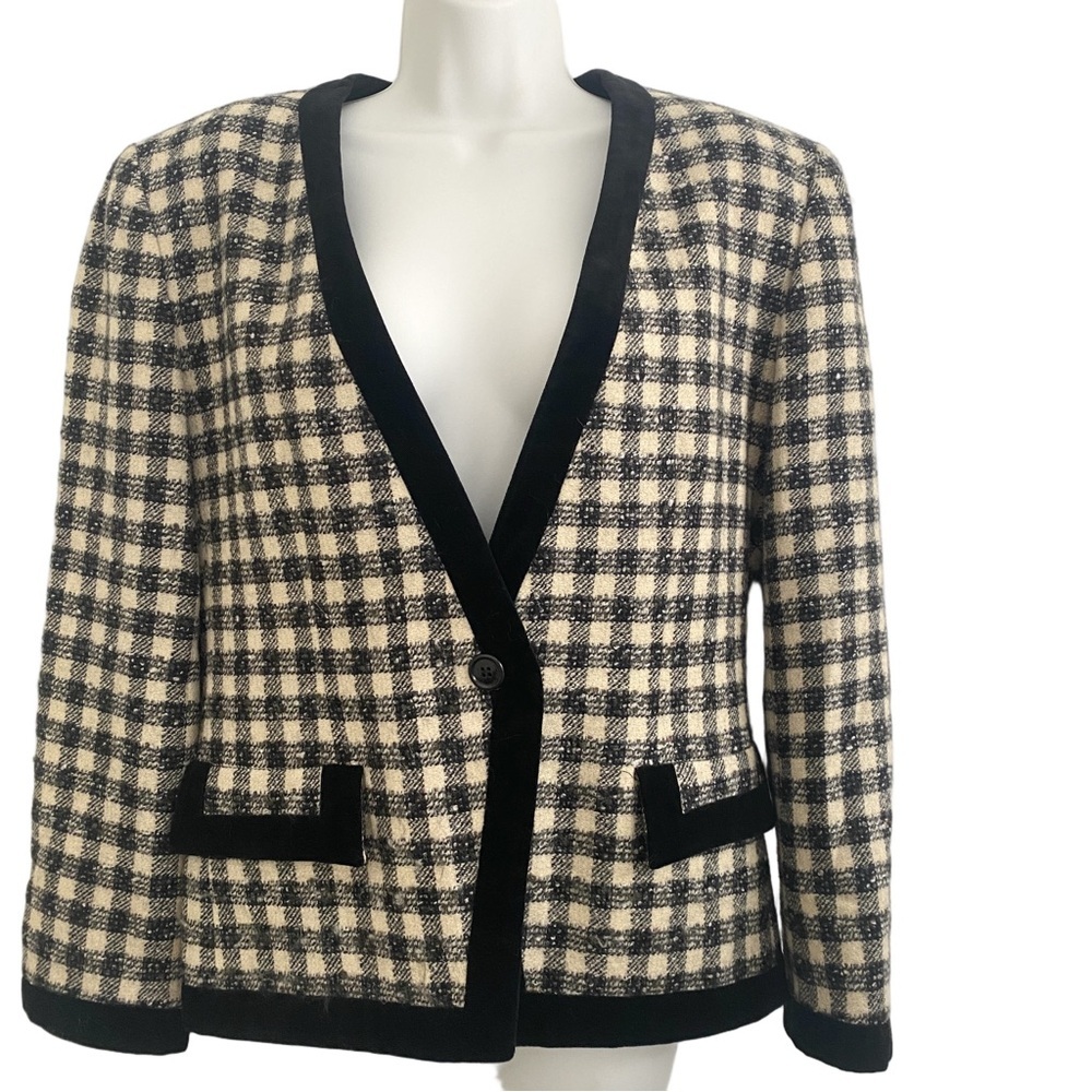 Vintage GFT Giorgio Armani Houndstooth Wool Blazer Velvet Trim Made in Italy